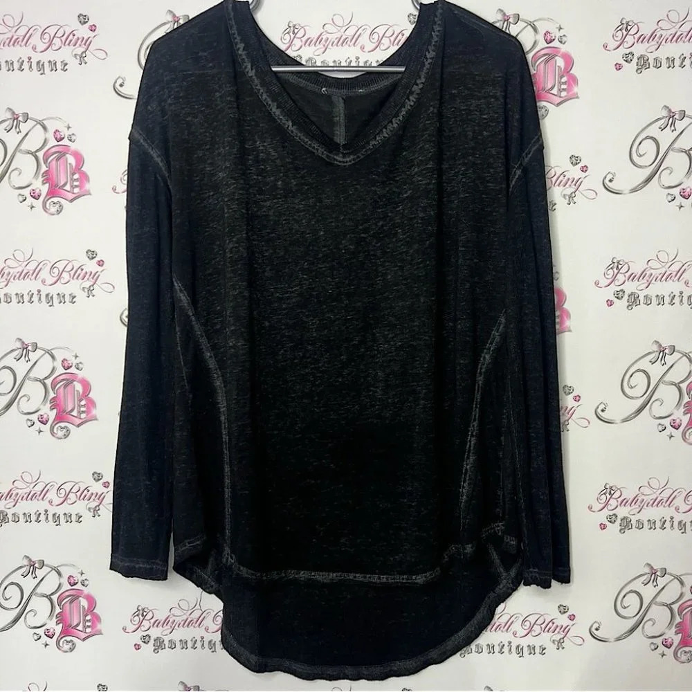 Free people long sleeve distressed black flowy top comfy loungewear grey